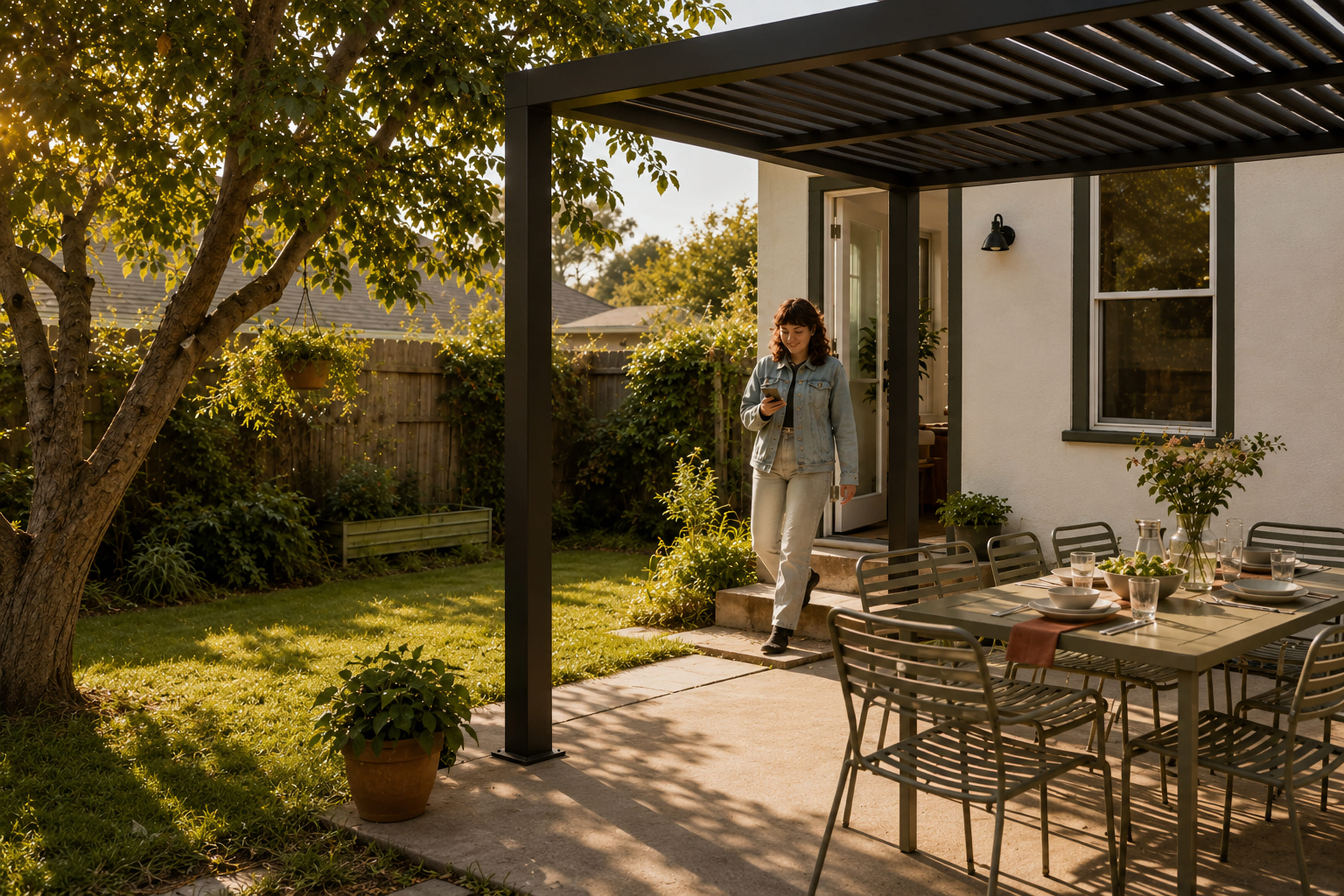 Assembled wooden pergola in a backyard