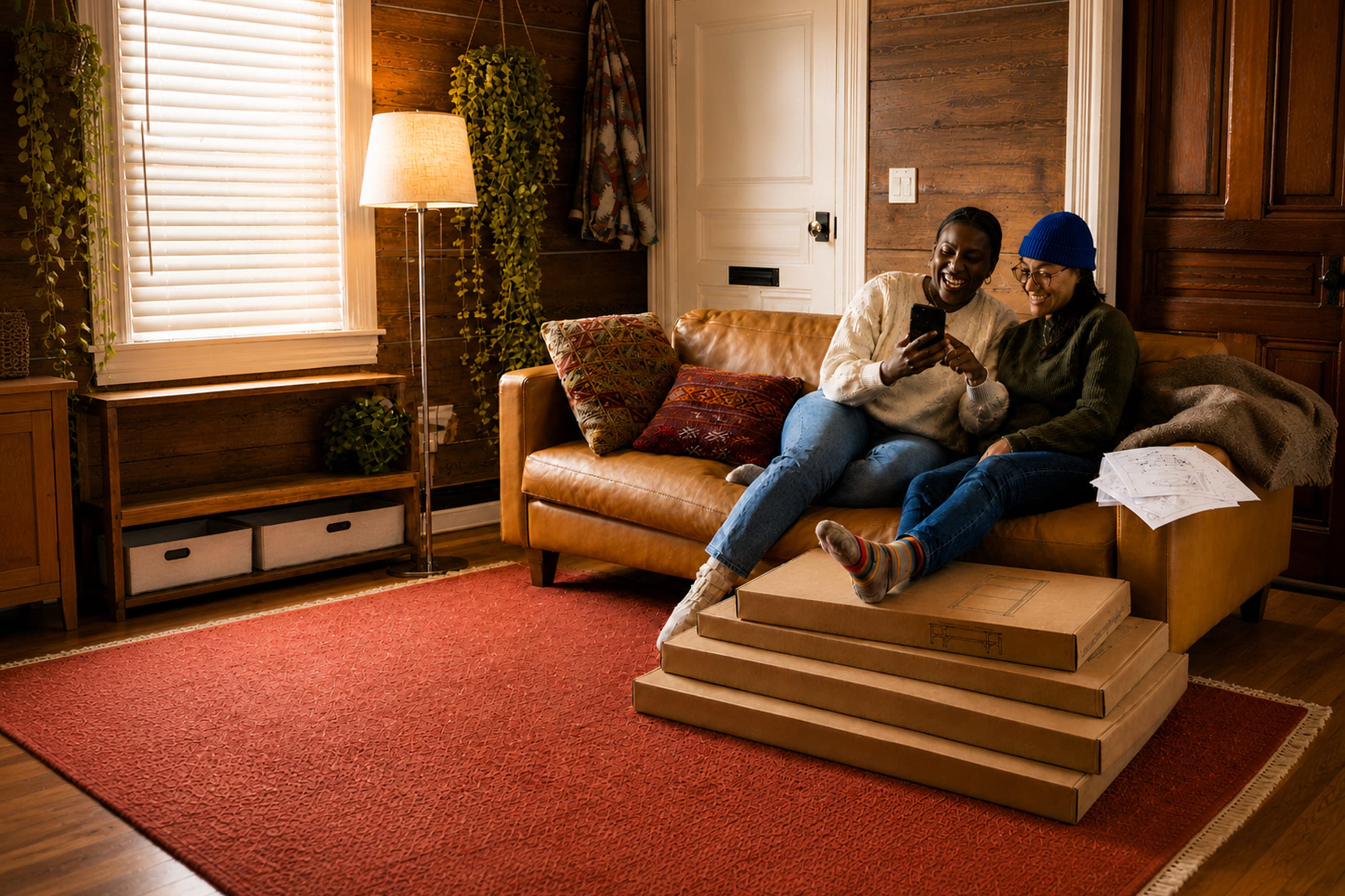 Assembled flatpack furniture in a bright living room