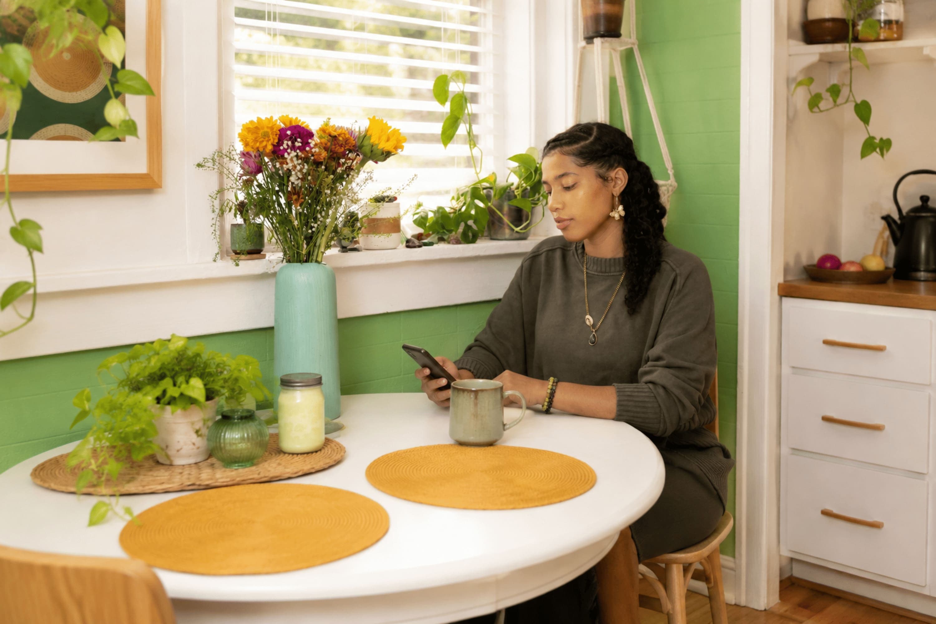 Dining table and chairs in a bright home