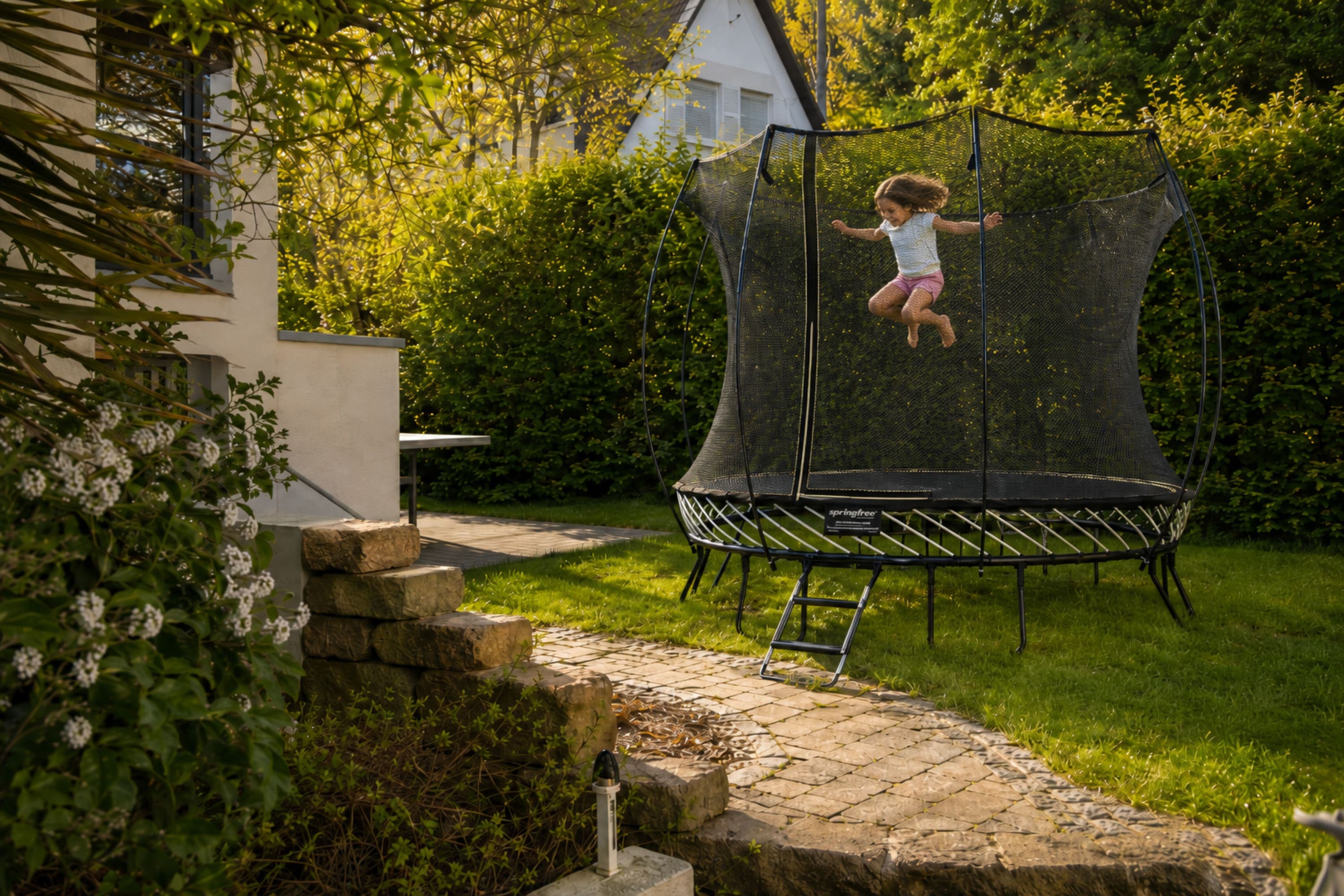 Child jumping on a Springfree trampoline in a backyard