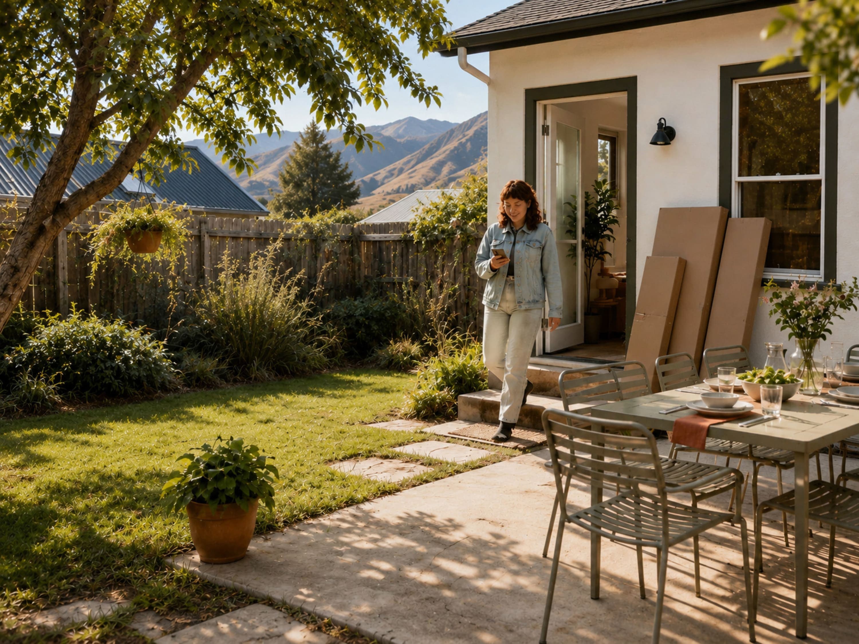 Outdoor dining set on a patio with flatpack boxes and mountains in the background, Wanaka